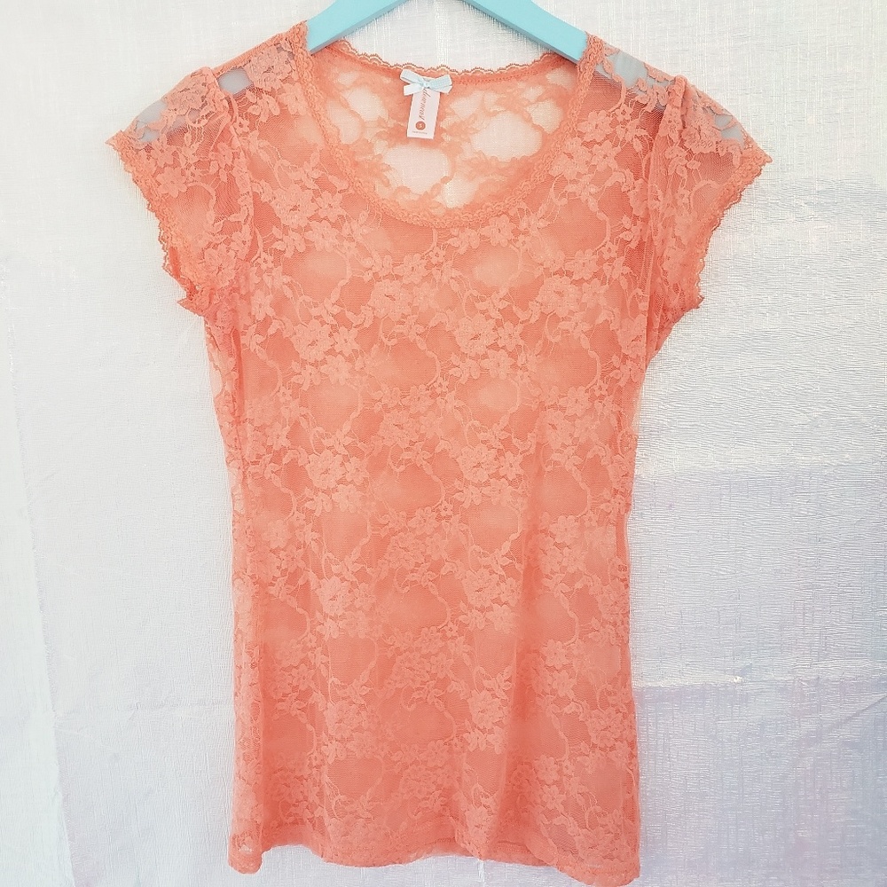 Downeast Peach Lace Sheer Flower Top